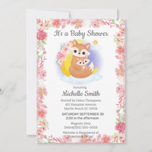 Roze Floral Fox Mam Baby shower Uitnodiging (Voorkant)