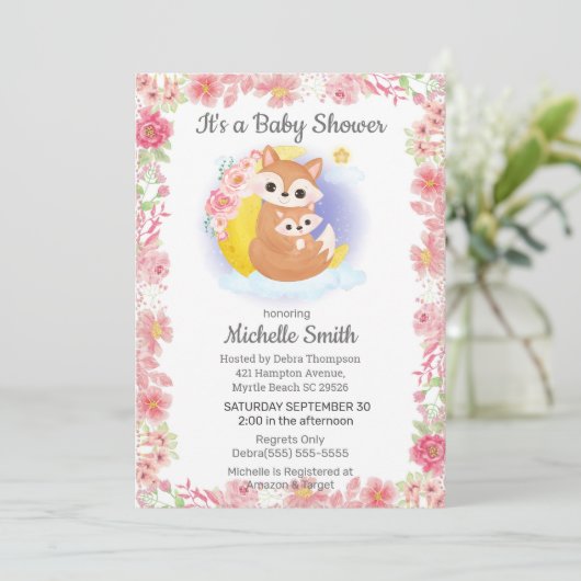 Roze Floral Fox Mam Baby shower Uitnodiging (Staand voorkant)