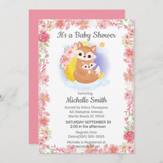 Roze Floral Fox Mam Baby shower Uitnodiging (Voorkant / Achterkant)
