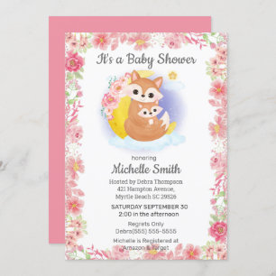 Roze Floral Fox Mam Baby shower Uitnodiging