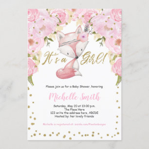Roze Floral, Fox, Woodland Baby Girl Shower Kaart
