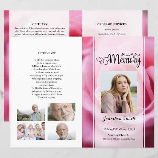 roze floral Funeral Program sjabloon (Voorkant / Achterkant)