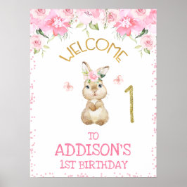 Roze Floral Furry Bunny First Birthday Welkom Poster