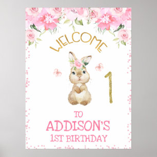 Roze Floral Furry Bunny First Birthday Welkom Poster