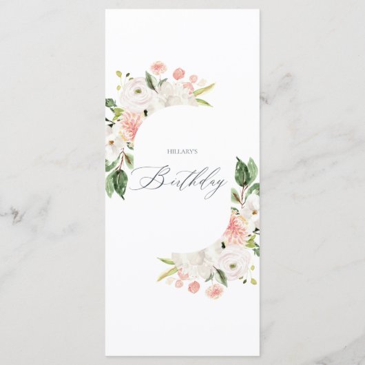 Roze Floral Garden Birthday Menu lady (Achterkant)