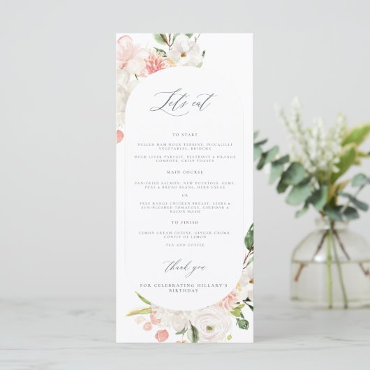 Roze Floral Garden Birthday Menu lady (Staand voorkant)