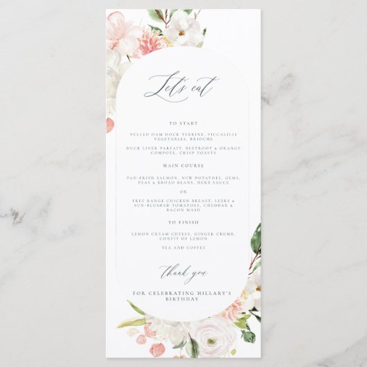 Roze Floral Garden Birthday Menu lady (Voorkant)
