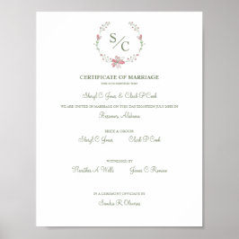 Roze Floral Garland Symbolyc Wedding Certificate Poster