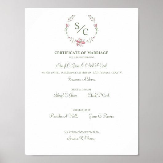 Roze Floral Garland Symbolyc Wedding Certificate Poster (Voorkant)