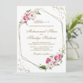 Roze Floral Geometric Gold Lijst Islamic Weddensch Kaart (Staand voorkant)