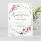 Roze Floral Geometric Gold Lijst Quinceanera Kaart (Staand voorkant)