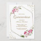 Roze Floral Geometric Gold Lijst Quinceanera Kaart (Voorkant)
