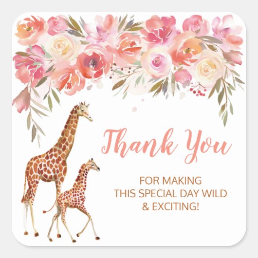 Roze Floral Giraffe Dank u Stickers (Voorkant)