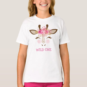 Roze Floral Giraffe Portret T-shirt