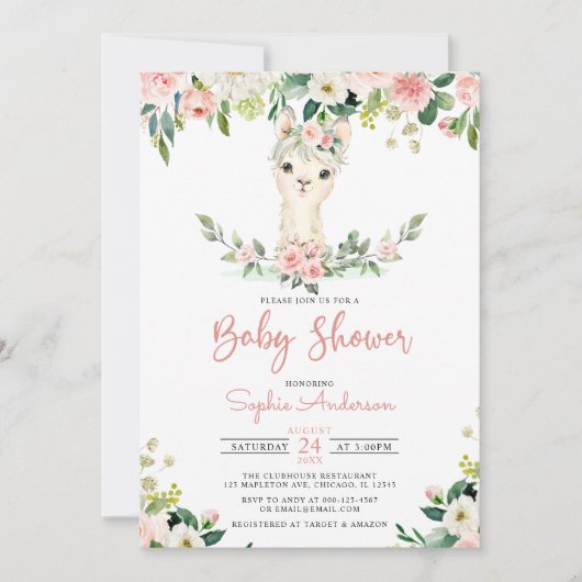 Roze Floral Girl Alpaca Llama Baby shower Kaart (Voorkant)