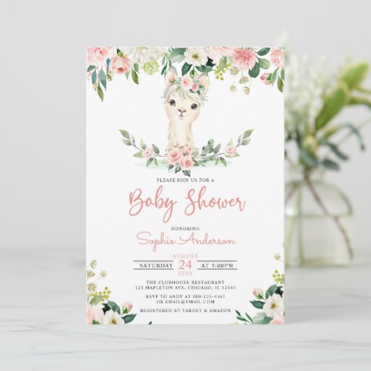 Roze Floral Girl Alpaca Llama Baby shower Kaart (Staand voorkant)