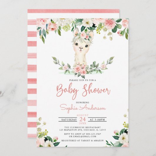 Roze Floral Girl Alpaca Llama Baby shower Kaart (Voorkant / Achterkant)