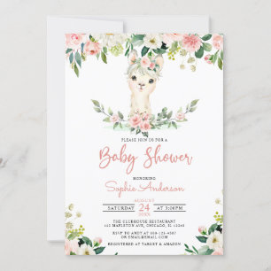 Roze Floral Girl Alpaca Llama Baby shower Kaart