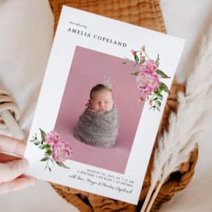 Roze Floral Girl Baby Foto geboorteaankondiging Aankondiging