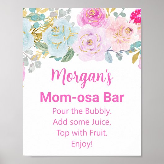 Roze Floral Girl Baby shower Mam-osa Bar Sign Poster (Voorkant)