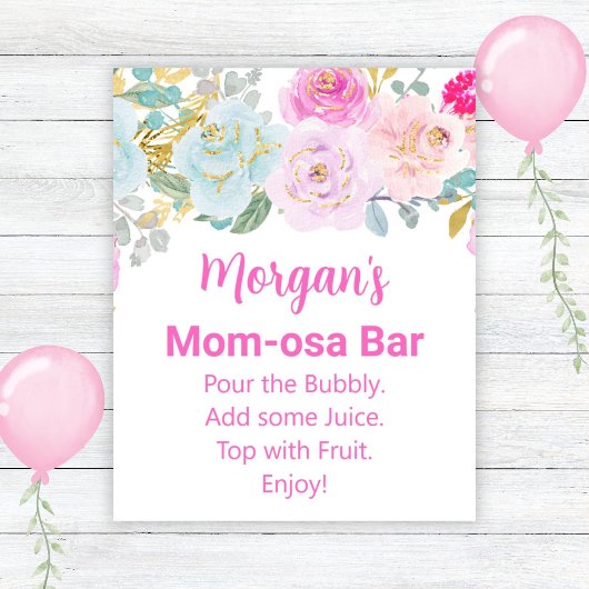 Roze Floral Girl Baby shower Mam-osa Bar Sign Poster