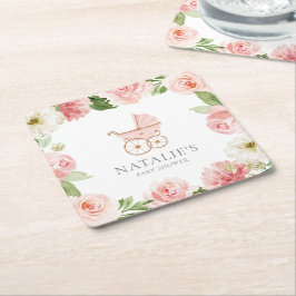 Roze Floral Girl Baby shower Square Paper Onderzet Kartonnen Onderzetters