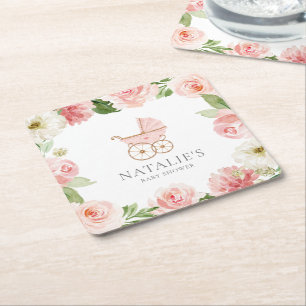 Roze Floral Girl Baby shower Square Paper Onderzet Kartonnen Onderzetters