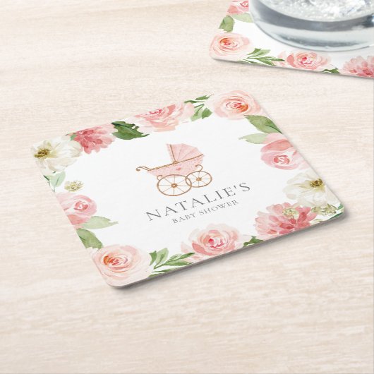 Roze Floral Girl Baby shower Square Paper Onderzet Kartonnen Onderzetters (Schuin)