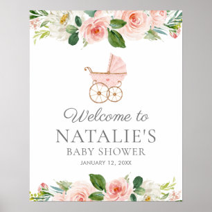 Roze Floral Girl Baby shower Welkom Poster