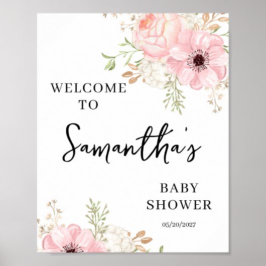 Roze Floral Girl Baby shower Welkom Poster (Voorkant)