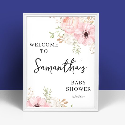 Roze Floral Girl Baby shower Welkom Poster