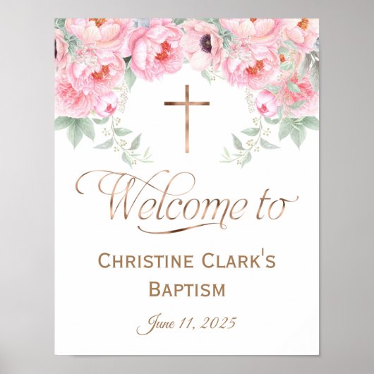 Roze, Floral, Girl, Baptism Welcome Sign, 11x14 Poster (Voorkant)