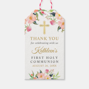 Roze Floral Girl Eerste Heilige Communie Dank je w Cadeaulabel