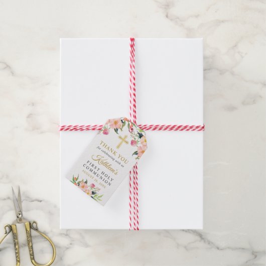 Roze Floral Girl Eerste Heilige Communie Dank je w Cadeaulabel (Met Touw)