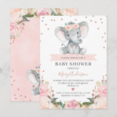 Roze Floral Girl Elephant Baby shower Invitation Kaart (Voorkant / Achterkant)
