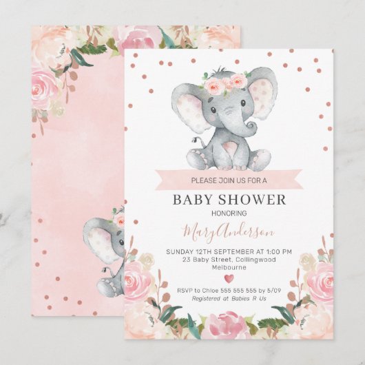 Roze Floral Girl Elephant Baby shower Invitation Kaart (Voorkant / Achterkant)