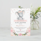 Roze Floral Girl Elephant Baby shower Invitation Kaart (Staand voorkant)