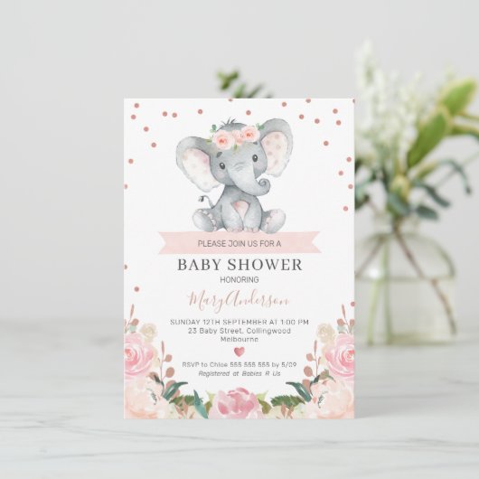 Roze Floral Girl Elephant Baby shower Invitation Kaart (Staand voorkant)
