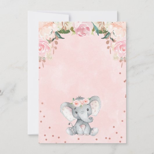 Roze Floral Girl Elephant Baby shower Invitation Kaart (Achterkant)