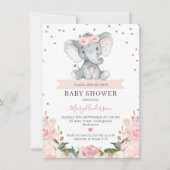 Roze Floral Girl Elephant Baby shower Invitation Kaart (Voorkant)