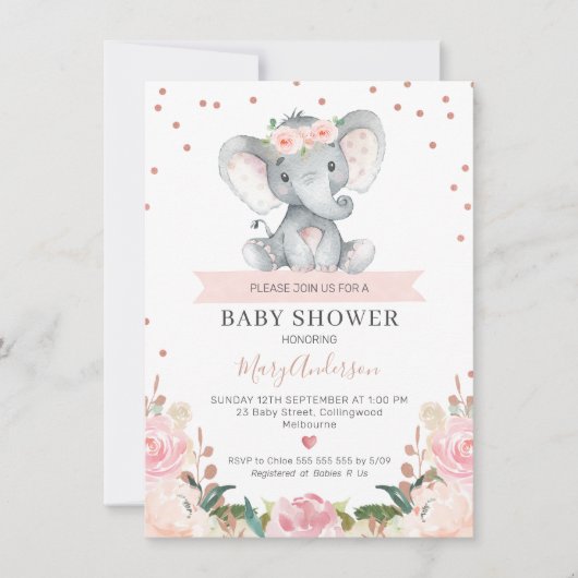 Roze Floral Girl Elephant Baby shower Invitation Kaart (Voorkant)