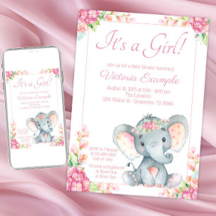 Roze Floral Girl Elephant Baby shower Invitation Kaart