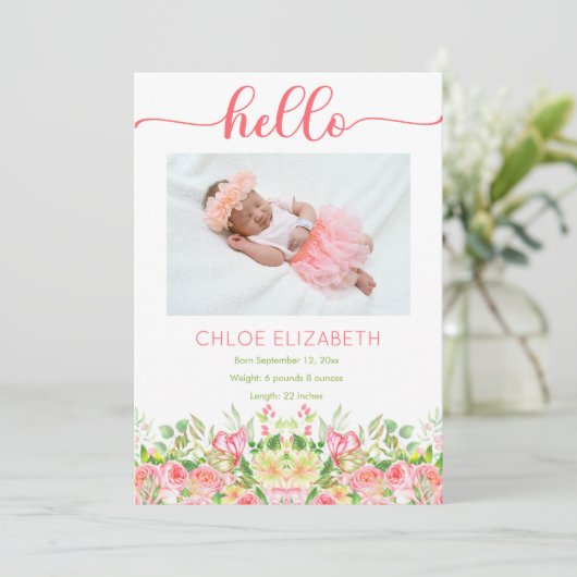 Roze Floral Girl Foto Collage Birth kondiging Aankondiging (Staand voorkant)