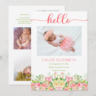 Roze Floral Girl Foto Collage Birth kondiging Aankondiging