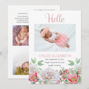 Roze Floral Girl Foto Collage Birth kondiging Aankondiging