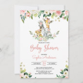 Roze Floral Girl Safari Oerwoud Animals Baby showe Kaart (Voorkant)