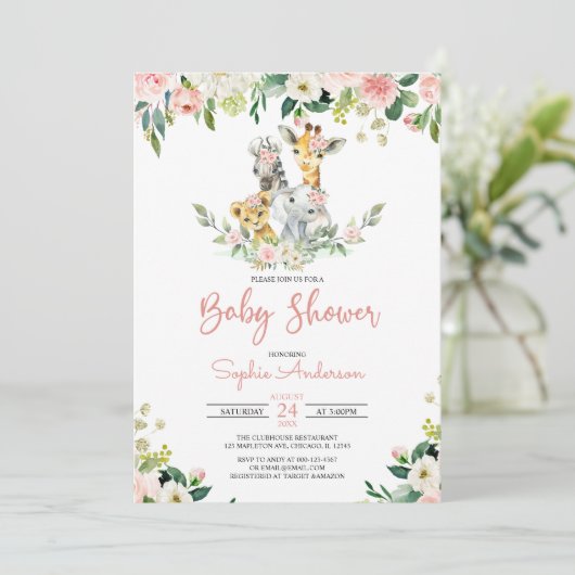 Roze Floral Girl Safari Oerwoud Animals Baby showe Kaart (Staand voorkant)