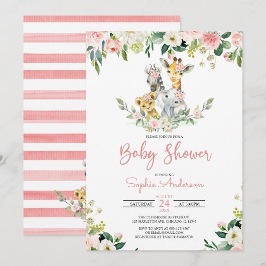 Roze Floral Girl Safari Oerwoud Animals Baby showe Kaart (Voorkant / Achterkant)