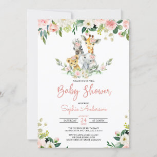 Roze Floral Girl Safari Oerwoud Animals Baby showe Kaart