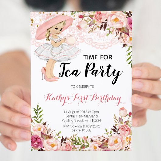 Roze Floral Girl Tea Birthday Party Invitation Kaart